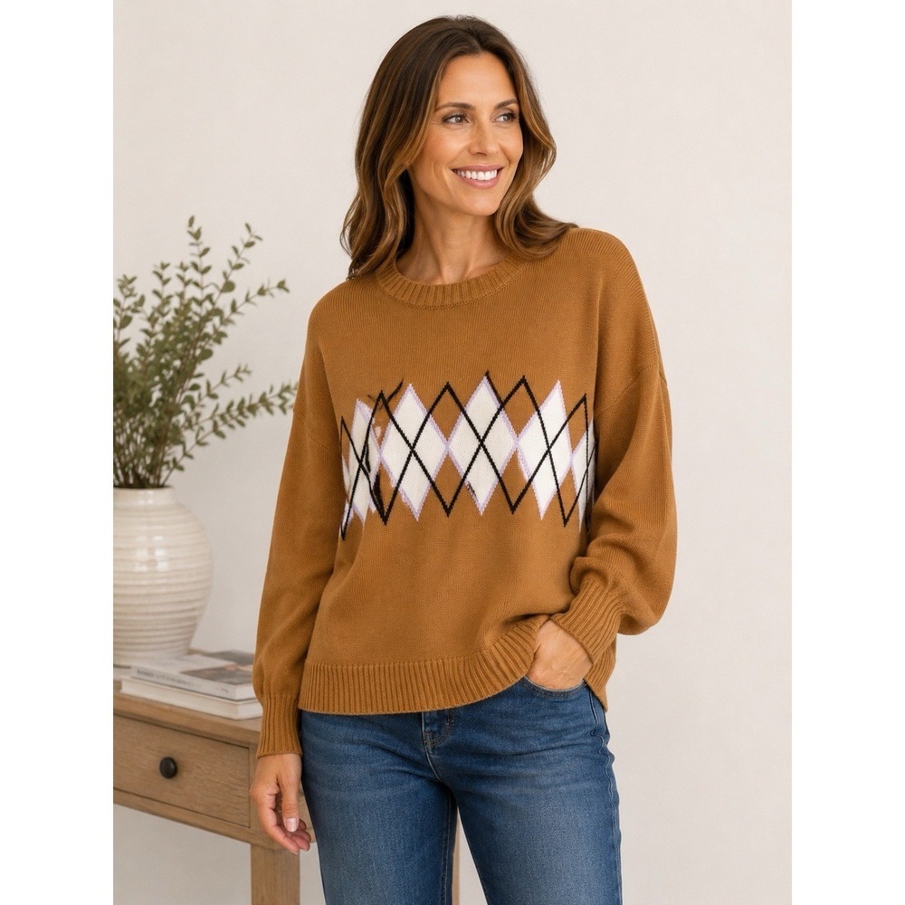 Lands' End Cotton Drifter Argyle Crew Neck Sweater Brown Academia Preppy Size MD